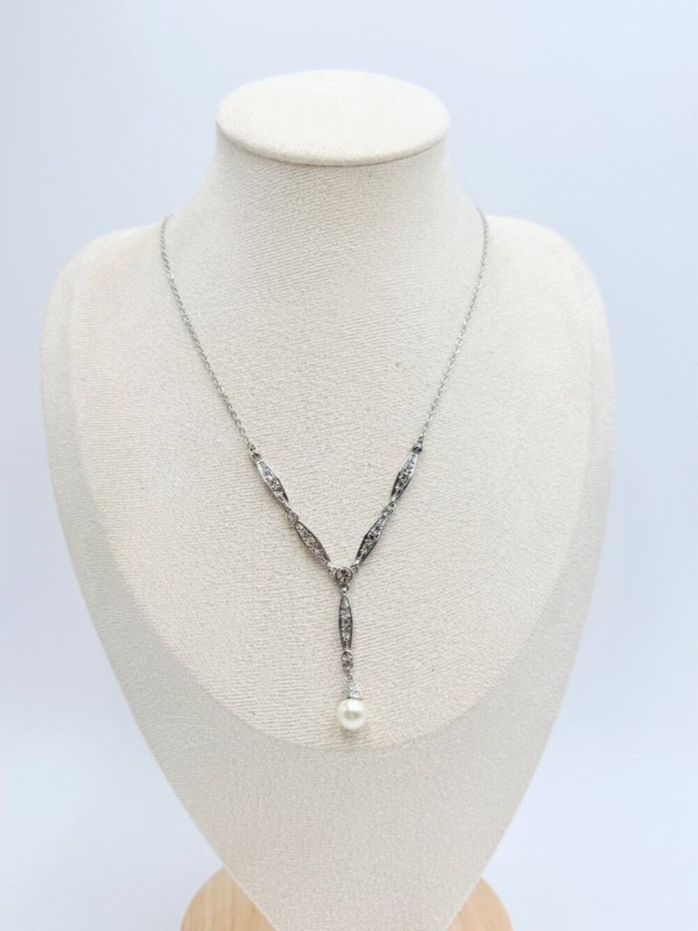 Vintage Silver Tone Rhinestone & Faux Pearl Y Drop Necklace